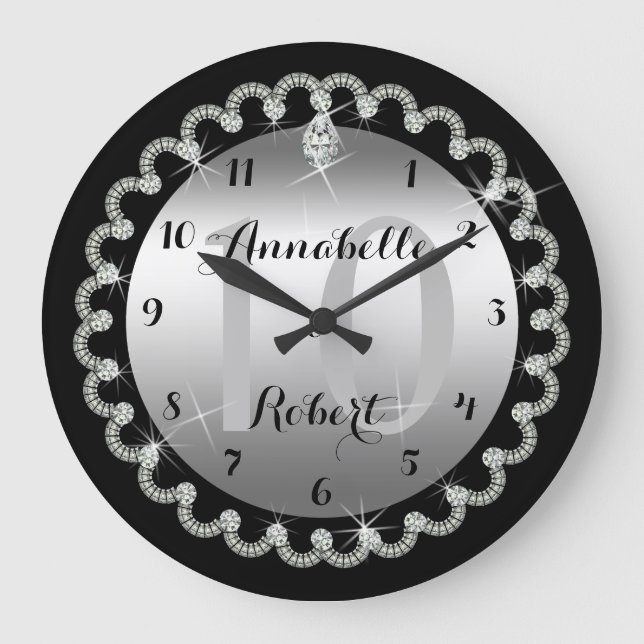 Elegant 10th Silver and Diamonds Anniversary Large Clock (Front)