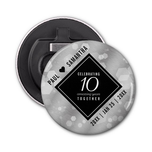 Elegant 10th Tin Wedding Anniversary Celebration Bottle Opener (Front)
