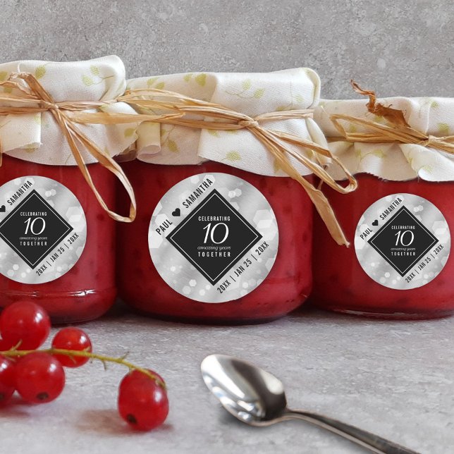 Elegant 10th Tin Wedding Anniversary Celebration Classic Round Sticker (Elegant 10th Tin Wedding Anniversary Round Sticker Cover Photo.)