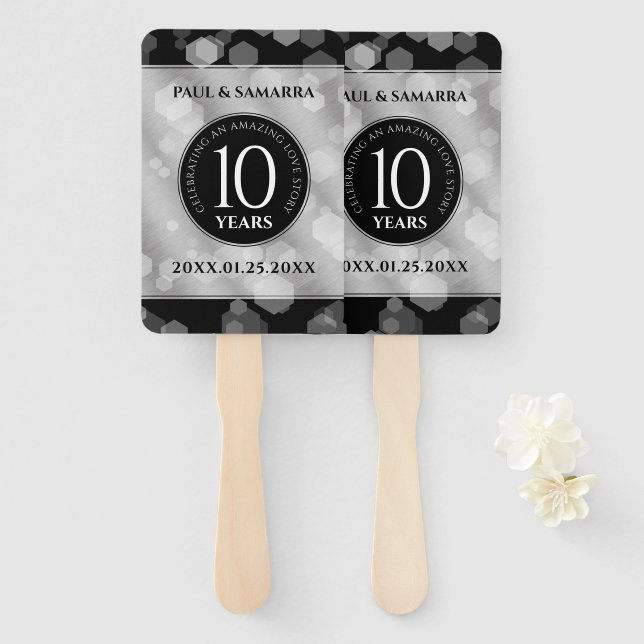 Elegant 10th Tin Wedding Anniversary Celebration Hand Fan (Front and Back)