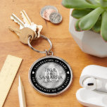 Elegant 10th Tin Wedding Anniversary Celebration Key Ring<br><div class="desc">Celebrate their 10th tin wedding anniversary with this stylish commemorative keychain! Elegant lettering with hexagonal confetti on a tin foil background add a memorable touch for this special occasion and milestone. Customise with couple's names, anniversary date, and up to 2 lines of messaging. Design © W.H. Sim. See more at...</div>