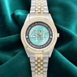 Elegant 11th 44th Turquoise Wedding Anniversary Watch<br><div class="desc">Celebrate the 11th or 44th wedding anniversary with this commemorative watch! Elegant black and white serif lettering on a yellow marble and greenish blue background add a memorable touch for this special occasion and (extraordinary) milestone. Customize with the happy couple's names or initials, and a date for their turquoise anniversary....</div>