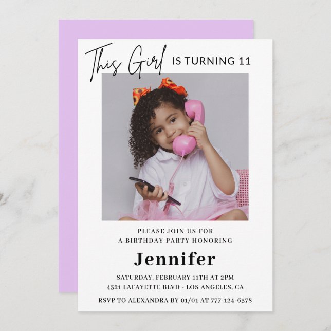 Elegant 11th birthday invitation Photo Girl Modern (Front/Back)