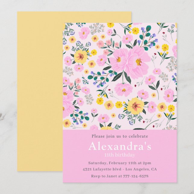 Elegant 11th birthday invitations Floral Chic (Front/Back)