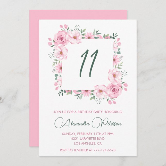 Elegant 11th birthday invitations Floral  Pink (Front/Back)
