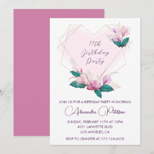 Elegant 11th birthday invitations Pink flowers 