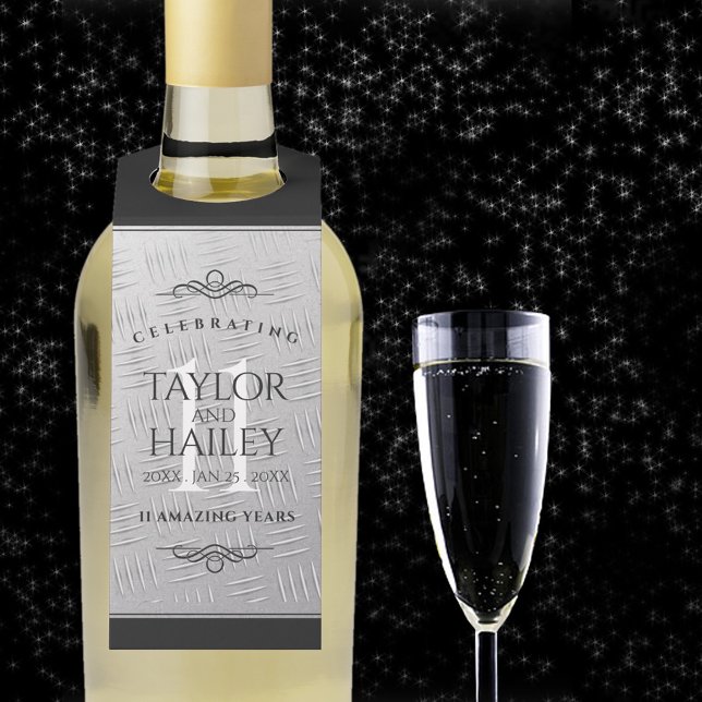 Elegant 11th Steel Wedding Anniversary Celebration Bottle Tag (11th wedding anniversary bottle hanger with champagne flute on a starry night sky.)