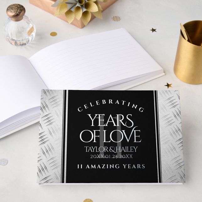 Elegant 11th Steel Wedding Anniversary Celebration Guest Book (Elegant 11th Steel Wedding Anniversary Foil Guest Book Cover Photo)