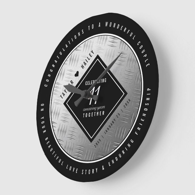 Elegant 11th Steel Wedding Anniversary Celebration Large Clock (Angle)