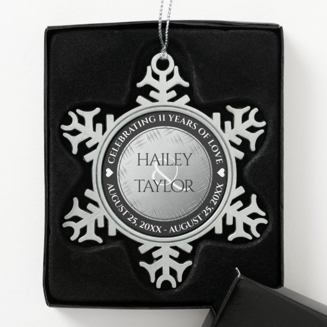 Elegant 11th Steel Wedding Anniversary Snowflake Pewter Christmas Ornament (Box)