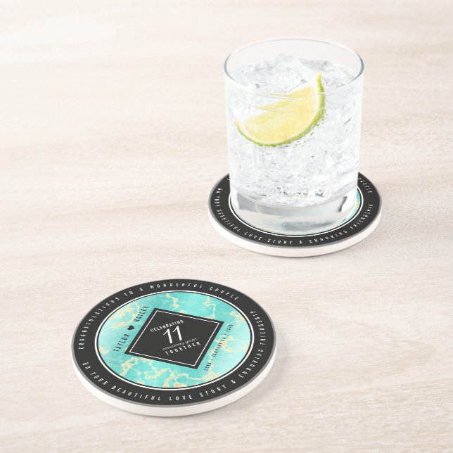 Elegant 11th Turquoise Wedding Anniversary Coaster (Side)