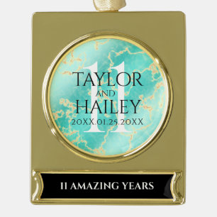 Elegant 11th Turquoise Wedding Anniversary Gold Plated Banner Ornament