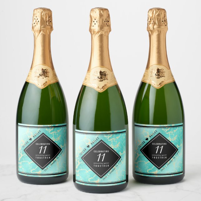 Elegant 11th Turquoise Wedding Anniversary Sparkling Wine Label (Bottles)