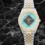 Elegant 11th Turquoise Wedding Anniversary Watch<br><div class="desc">Does love stand the test of time? Celebrate the 11th turquoise wedding anniversary with this stylish watch! Elegant black and white lettering on a yellow marble and greenish blue background add a memorable touch for this special occasion and milestone. Personalize with the couple's names and years of marriage. Design ©...</div>