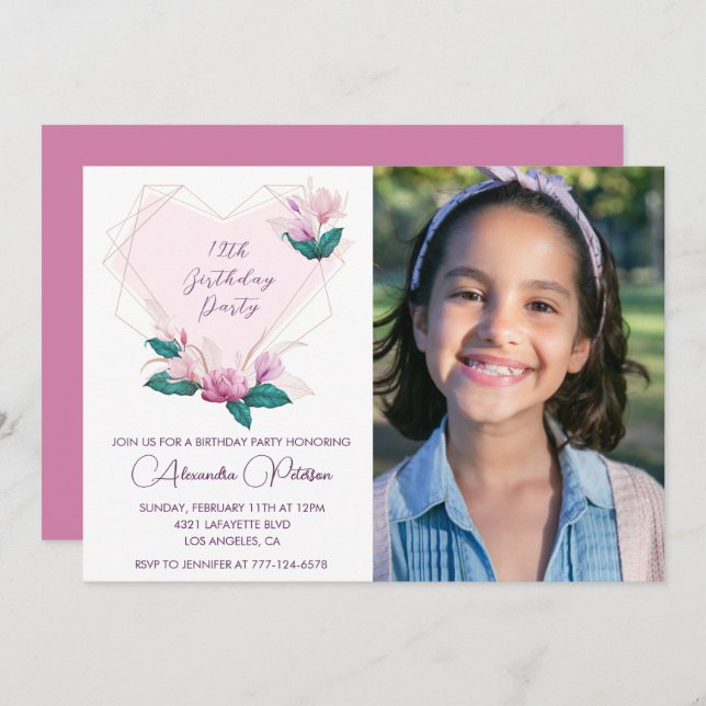 Elegant 12th birthday invitations Floral Photo (Front/Back)