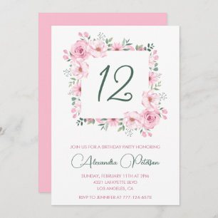Elegant 12th birthday invitations Floral  Pink