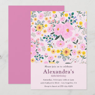 Elegant 12th birthday invitations Pink Floral Chic