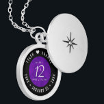 Elegant 12th Silk Wedding Anniversary Celebration Locket Necklace<br><div class="desc">Commemorate the 12th wedding anniversary with this elegant locket! Elegant white serif and sans serif lettering on a luxurious purple silk background add a memorable touch for this special occasion and milestone. Customise with the happy couple's names, and dates for their silk anniversary. Design © W.H. Sim, All Rights Reserved....</div>