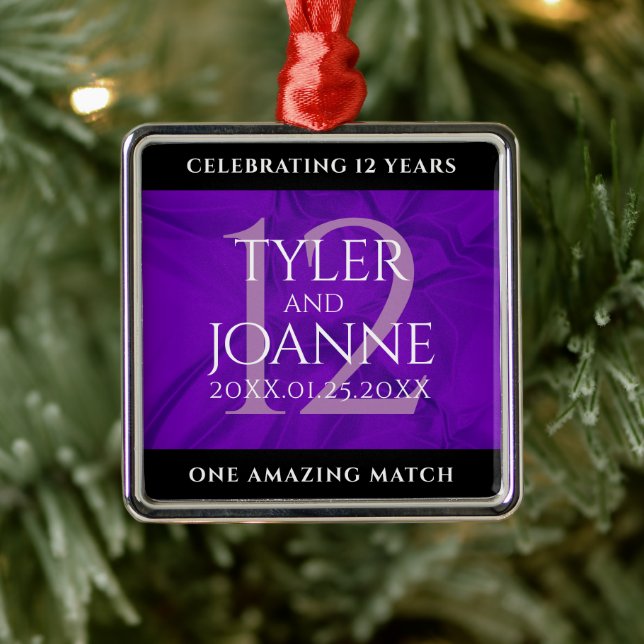 Elegant 12th Silk Wedding Anniversary Celebration Metal Ornament (Tree)