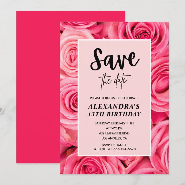 Elegant 13th birthday  Floral Rose Save the date  Invitation (Front/Back)
