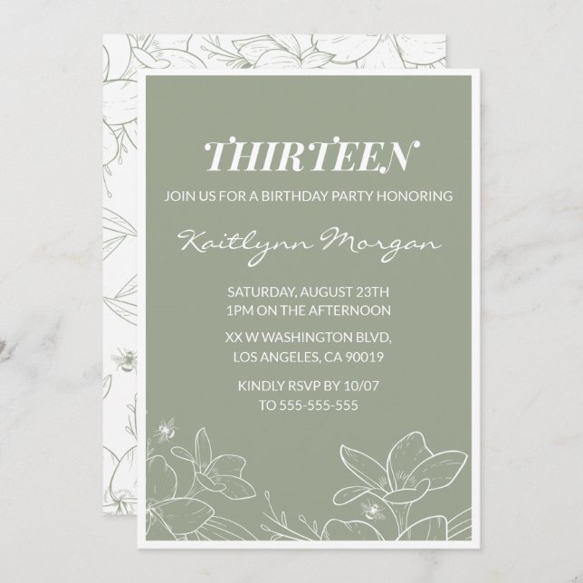 Elegant 13th birthday invitations Floral Green (Front/Back)