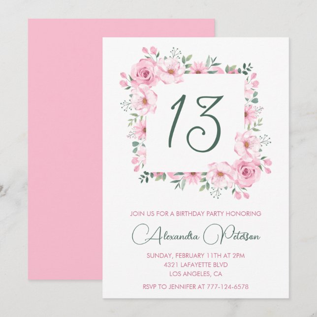 Elegant 13th birthday invitations Floral  Pink (Front/Back)