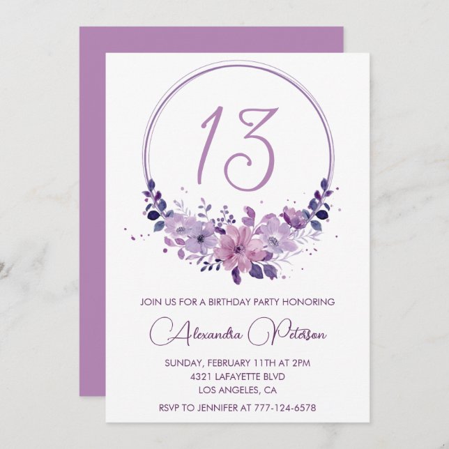 Elegant 13th birthday invitations Floral Purple (Front/Back)