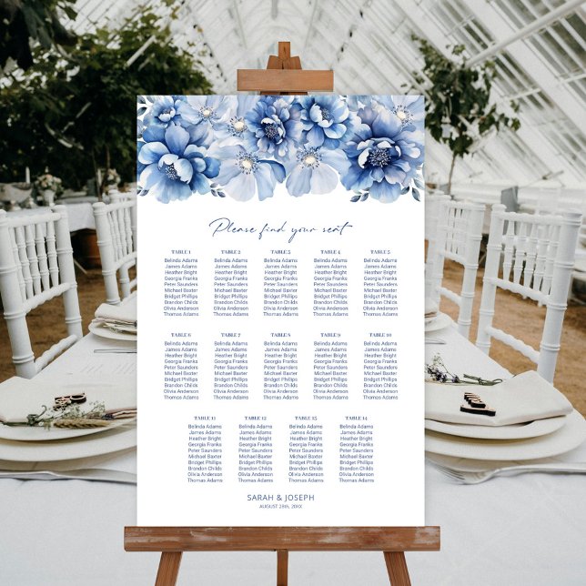 Elegant 14 Table Blue Floral Wedding Seating Chart (Creator Uploaded)