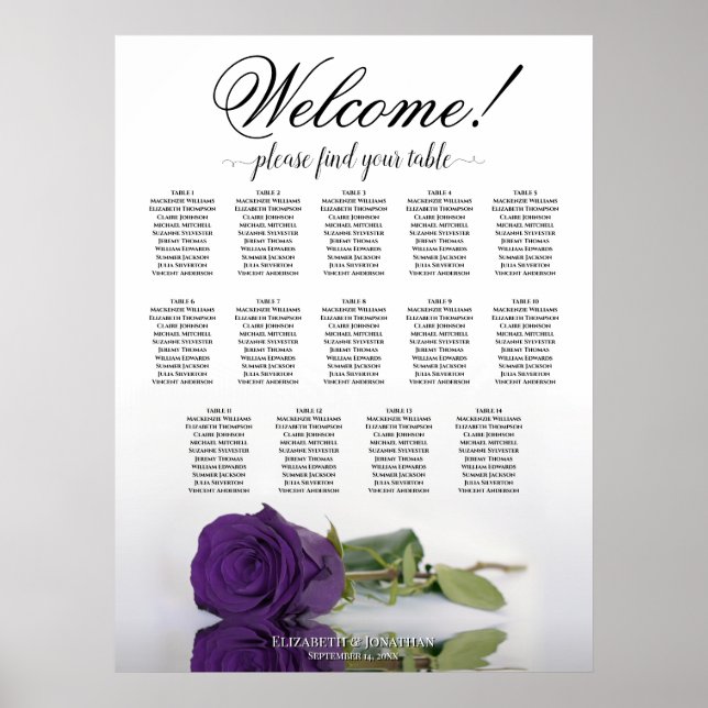 Elegant 14 Table Royal Purple Rose Seating Chart (Front)