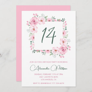 Elegant 14th birthday invitations Floral Pink