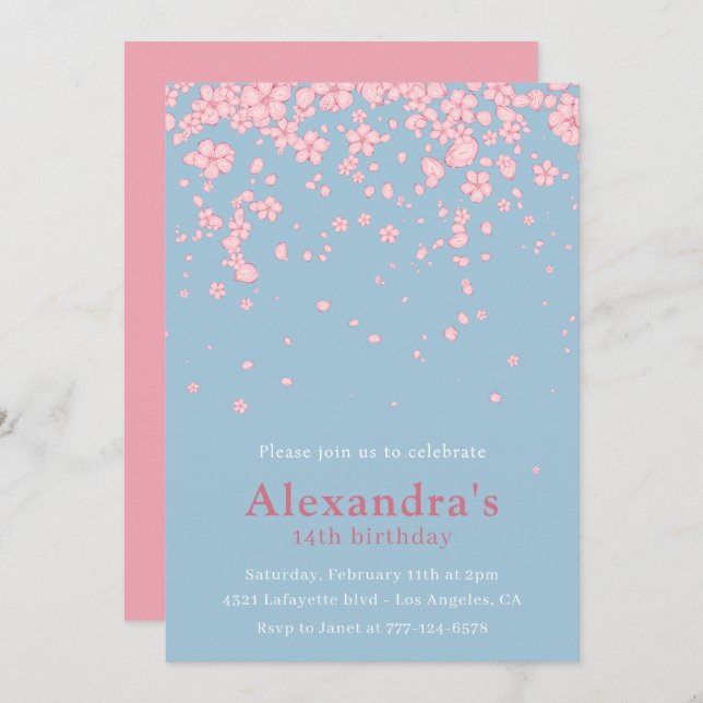 Elegant 14th birthday invitations Floral Pink (Front/Back)