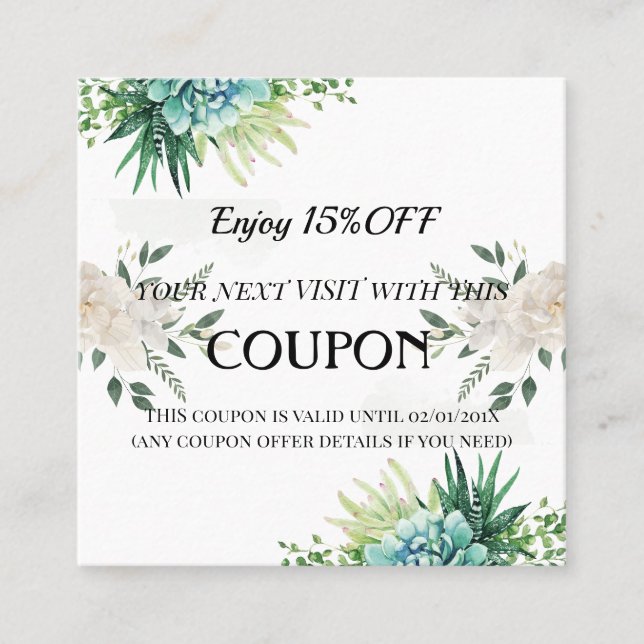 Elegant 15% Off Succulent Floral Coupon Card (Front)