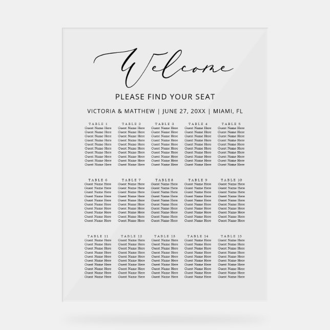 Elegant 15 Tables Wedding Acrylic Seating Chart (Front)