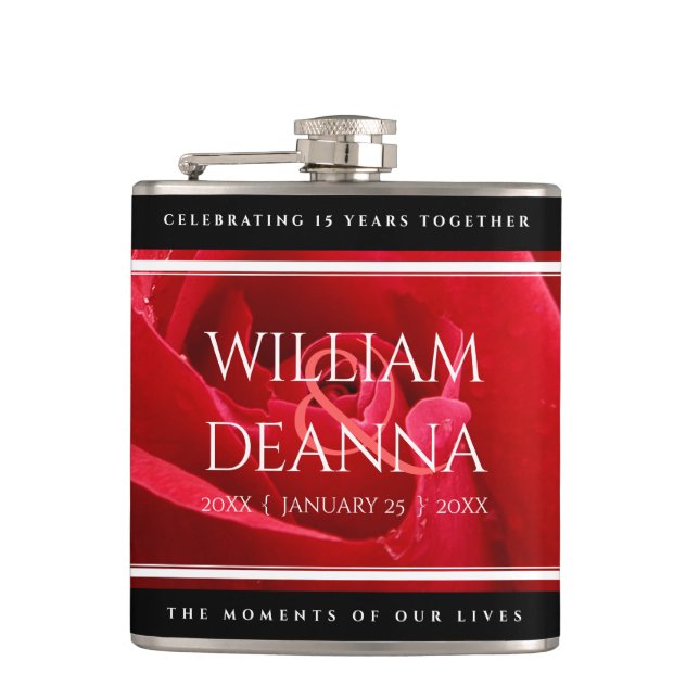 Elegant 15th 26th 36th Rose Wedding Anniversary Hip Flask (Front)
