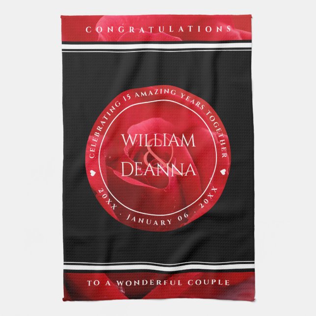 Elegant 15th 26th 36th Rose Wedding Anniversary Tea Towel (Vertical)