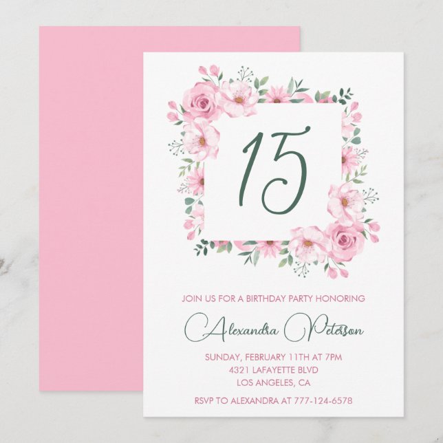 Elegant 15th birthday invitations Floral  Pink (Front/Back)