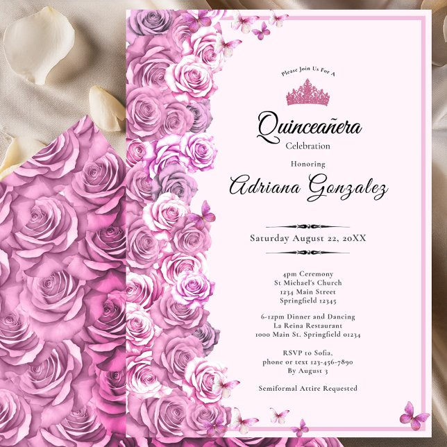 Elegant 15th birthday roses Pink Quinceanera Invitation (Creator Uploaded)