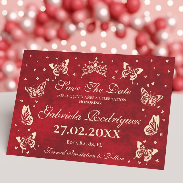 Elegant 15th Birthday XV Años Gold Red Quinceañera Save The Date (Elegant 15th Birthday XV Años Gold Red Quinceañera Save The Date)