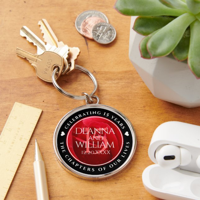 Elegant 15th Rose Wedding Anniversary Celebration Key Ring (Desk)