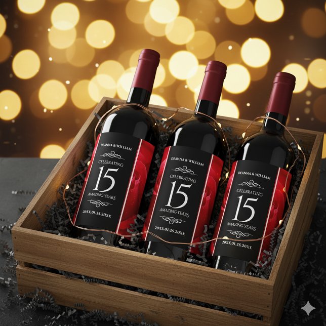 Elegant 15th Rose Wedding Anniversary Celebration Wine Label (15th Rose Wedding Anniversary Wine/Liquor Drink Labels Cover Photo)