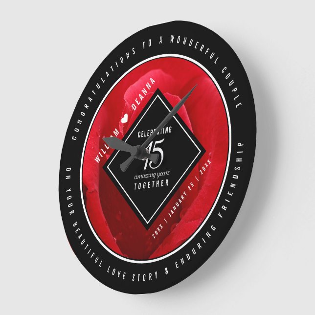 Elegant 15th Rose Wedding Anniversary Large Clock (Angle)