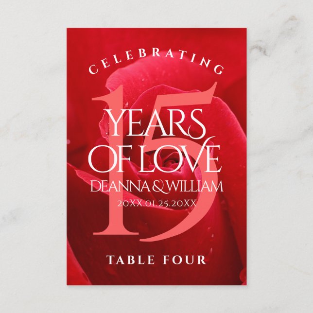 Elegant 15th Rose Wedding Anniversary Table Card (Front)
