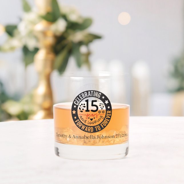 Elegant 15th year Anniversary add names date  Whiskey Glass (Insitu (Wedding))