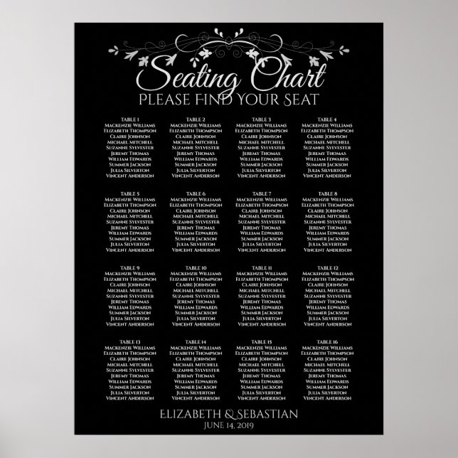 Elegant 16 Table Black Wedding Seating Chart (Front)