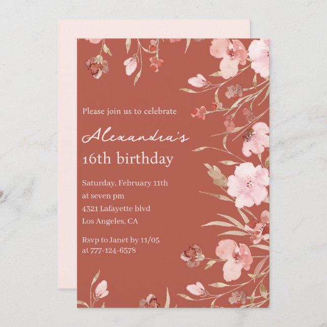 Elegant 16th birthday invitations Floral Chic  (Front/Back)