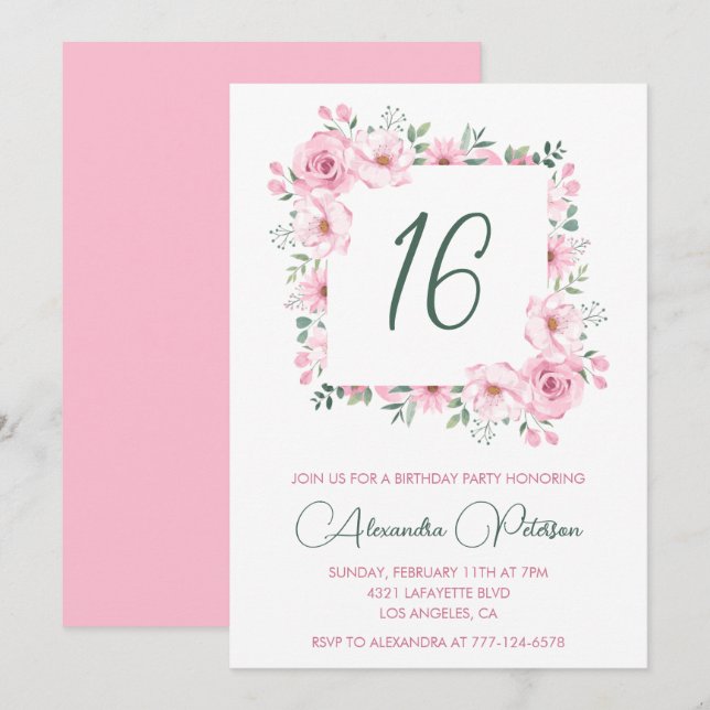 Elegant 16th birthday invitations Floral  Pink (Front/Back)