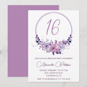 Elegant 16th birthday invitations Floral Purple