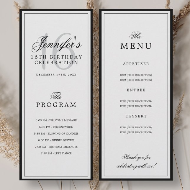 Elegant 16th Birthday Party Program + Menu  (Elegant 16th Birthday Party Program + Menu )
