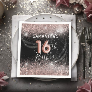 Elegant 16th Birthday Pink Glitter & Black Party Napkin