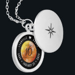 Elegant 16th Golden Topaz Wedding Anniversary Locket Necklace<br><div class="desc">Commemorate the 16th wedding anniversary with this elegant locket! Elegant black serif and sans serif lettering with hexagonal confetti on a deep red-yellow-orange moire background add a memorable touch for this special occasion and milestone. Customise with the happy couple's names, and dates for their golden topaz anniversary. Design © W.H....</div>